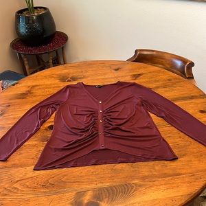 NWT INC International Concepts Long Sleeve Ruched Burgundy Blouse Large